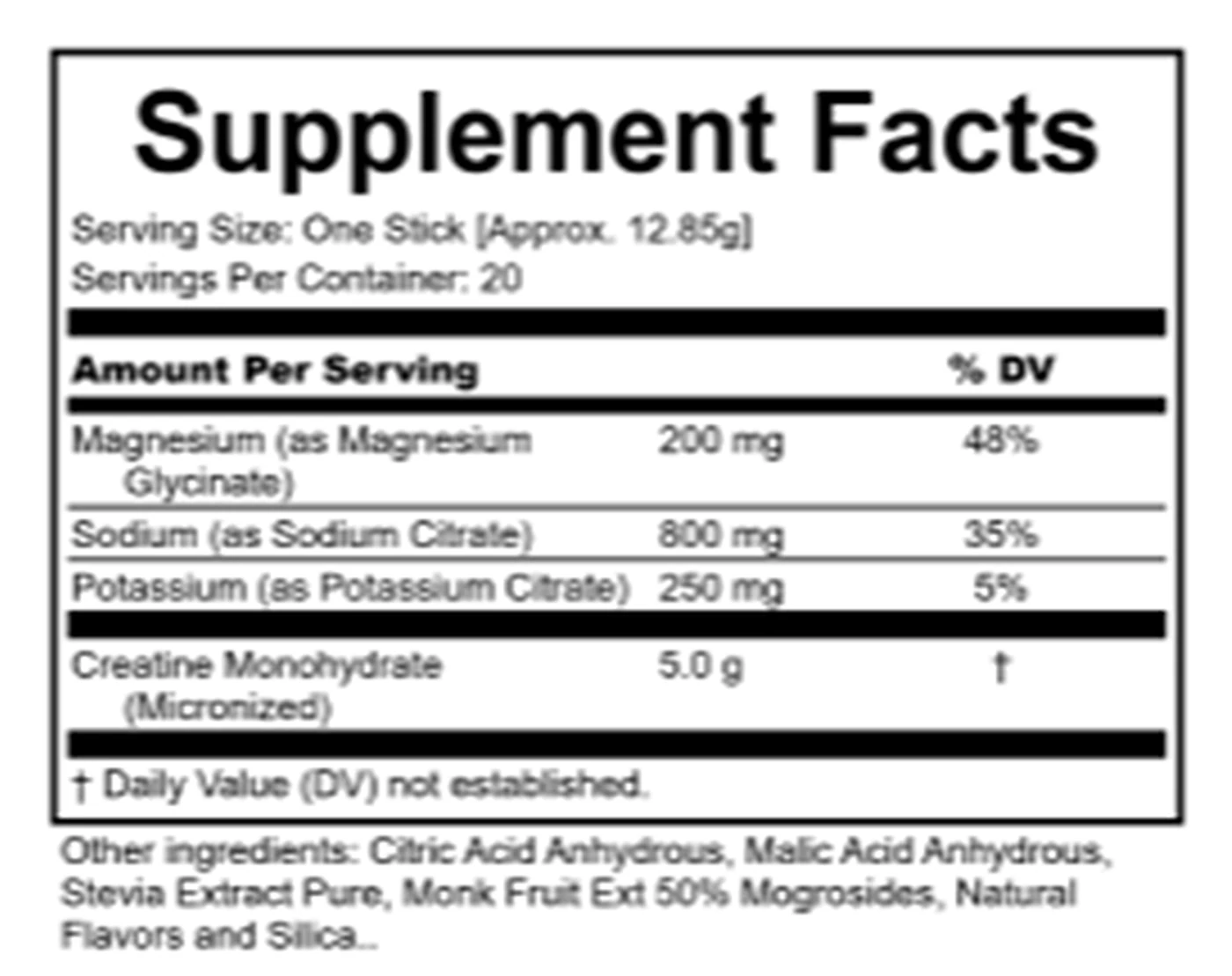 The Supplement Facts panel from a Clean Origins Citrus stick, showing magnesium as magnesium glycinate 200mg at 48% DV, sodium as sodium citrate 800mg at 35%, potassium as potassium citrate 250mg at 5%, and creatine monohydrate 5.0g.